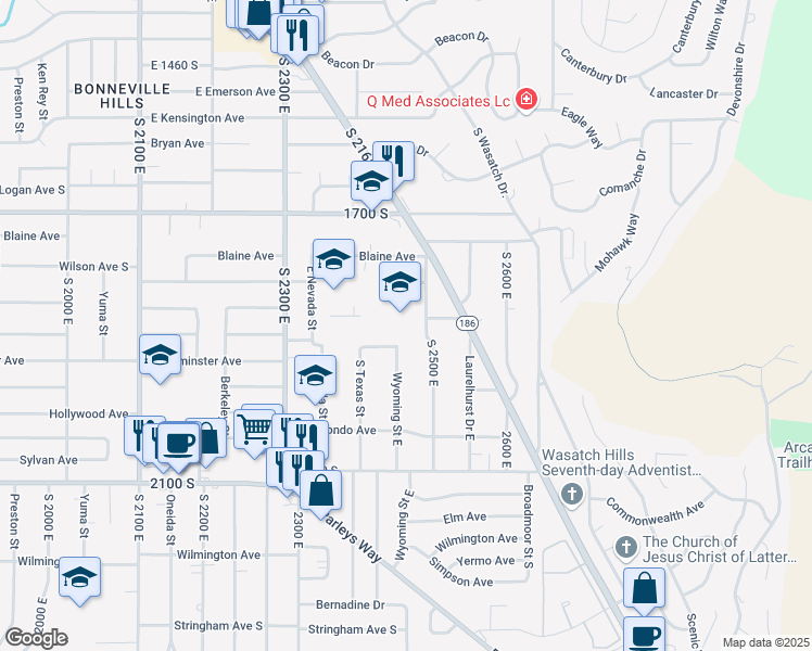 map of restaurants, bars, coffee shops, grocery stores, and more near 1850 South 2500 East in Salt Lake City