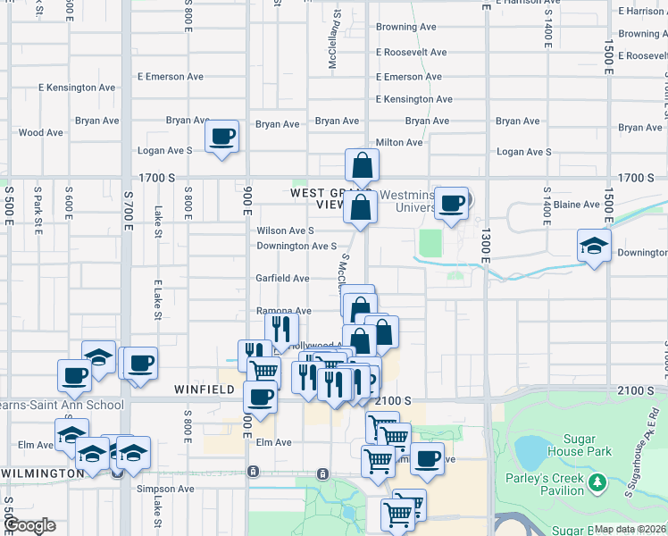 map of restaurants, bars, coffee shops, grocery stores, and more near 1046 East Garfield Avenue in Salt Lake City