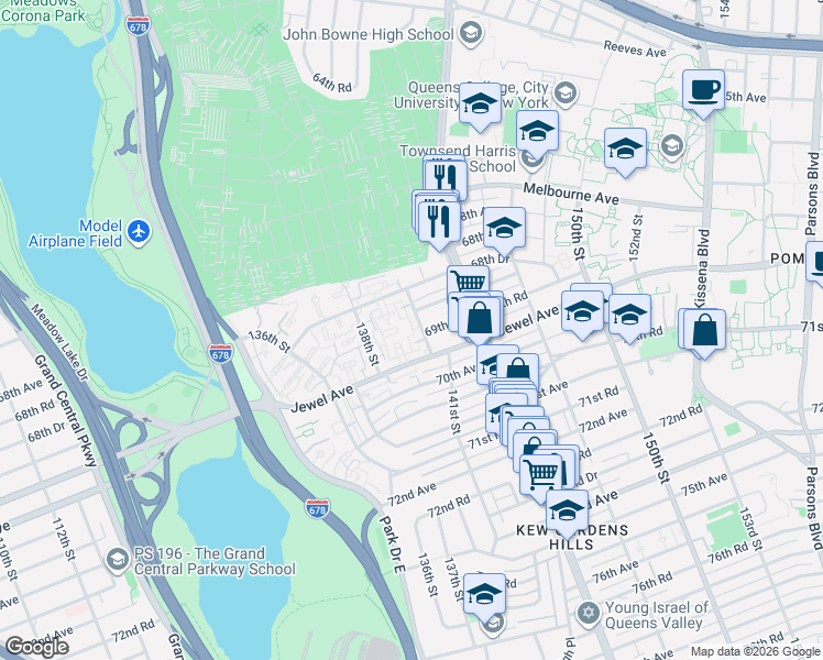 map of restaurants, bars, coffee shops, grocery stores, and more near 138-29 Jewel Avenue in Queens