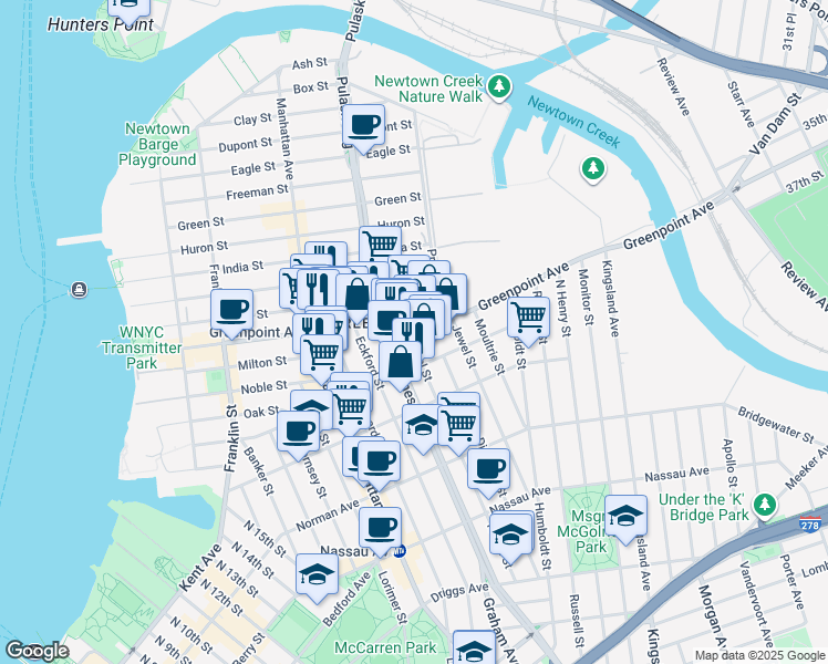 map of restaurants, bars, coffee shops, grocery stores, and more near 218 Newel Street in Brooklyn
