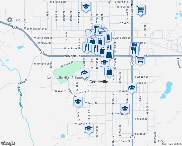 map of restaurants, bars, coffee shops, grocery stores, and more near 501-599 High Street in Centerville