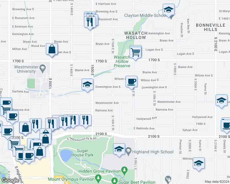 map of restaurants, bars, coffee shops, grocery stores, and more near 1841 South 1600 East in Salt Lake City