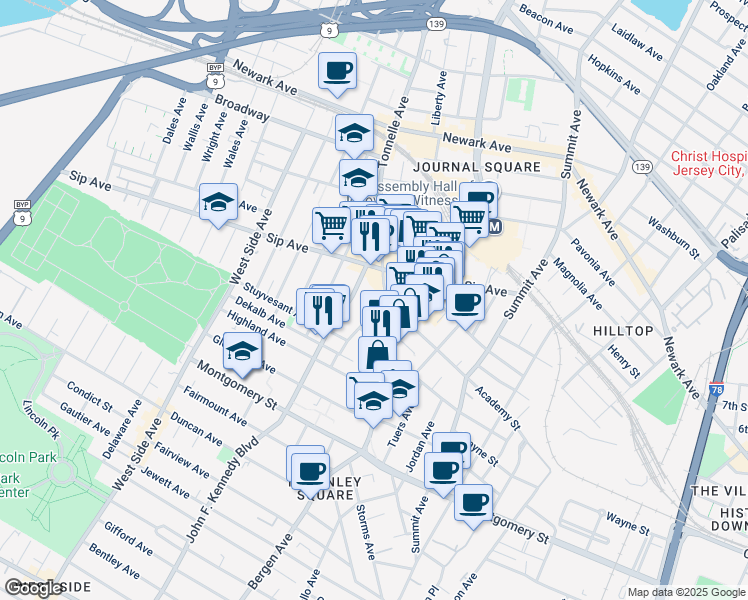 map of restaurants, bars, coffee shops, grocery stores, and more near 85 Van Reypen Street in Jersey City