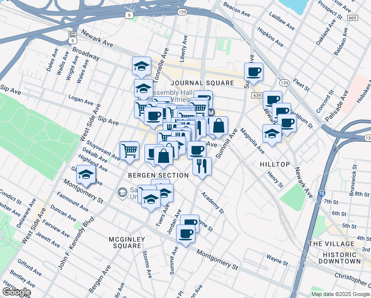 map of restaurants, bars, coffee shops, grocery stores, and more near 111-139 Tuers Avenue in Jersey City