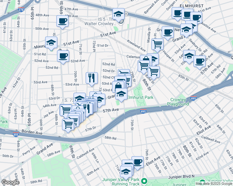map of restaurants, bars, coffee shops, grocery stores, and more near 73-55 Grand Avenue in Queens