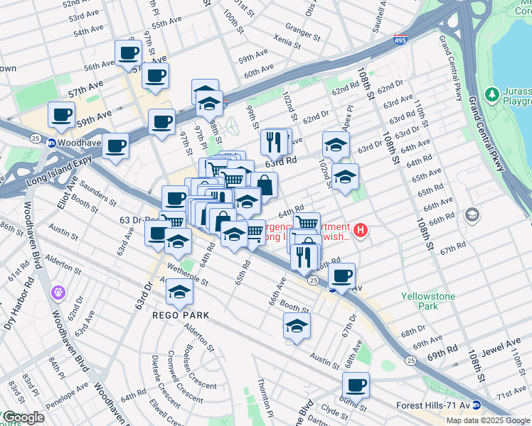 map of restaurants, bars, coffee shops, grocery stores, and more near 9825 65th Avenue in Queens