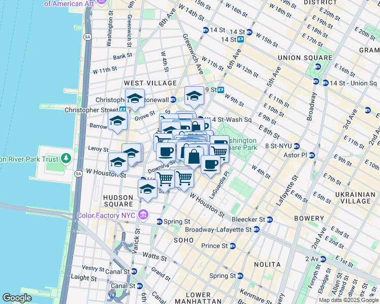 map of restaurants, bars, coffee shops, grocery stores, and more near 190 Bleecker Street in New York