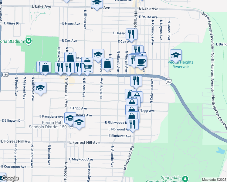map of restaurants, bars, coffee shops, grocery stores, and more near 1103 East London Avenue in Peoria Heights