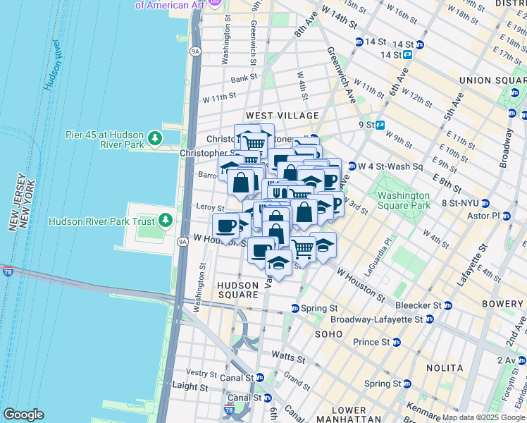 map of restaurants, bars, coffee shops, grocery stores, and more near 2 7th Avenue South in New York