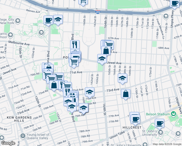 map of restaurants, bars, coffee shops, grocery stores, and more near 161-8 Jewel Avenue in Queens