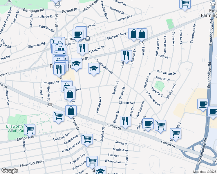 map of restaurants, bars, coffee shops, grocery stores, and more near 230 Grant Avenue in Farmingdale