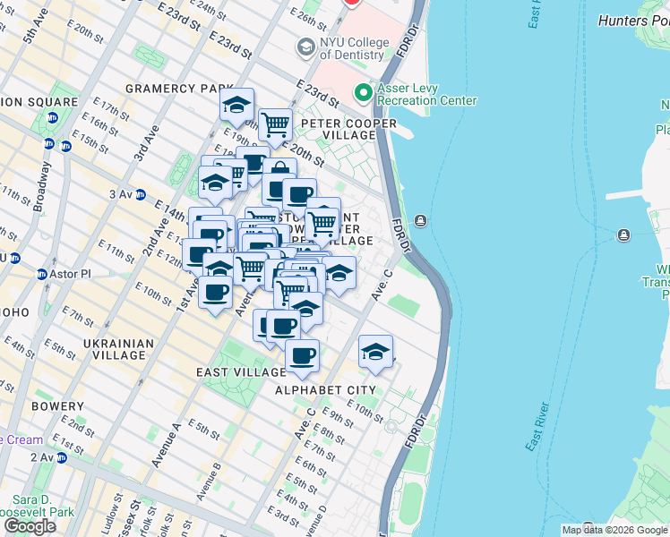 map of restaurants, bars, coffee shops, grocery stores, and more near 4 Stuyvesant Oval in New York