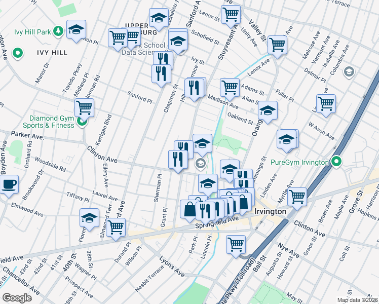 map of restaurants, bars, coffee shops, grocery stores, and more near 466 Stuyvesant Avenue in Irvington