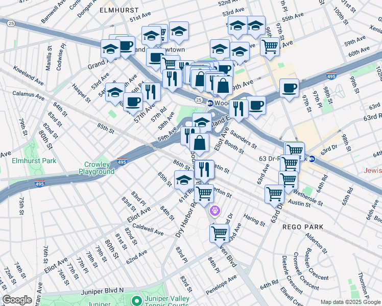 map of restaurants, bars, coffee shops, grocery stores, and more near 86-40 60th Avenue in Queens