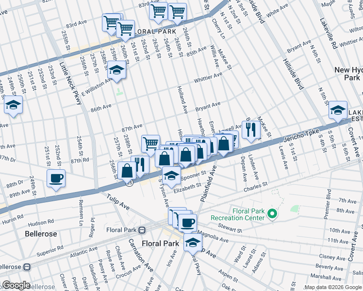 map of restaurants, bars, coffee shops, grocery stores, and more near 38 Holland Avenue in Floral Park