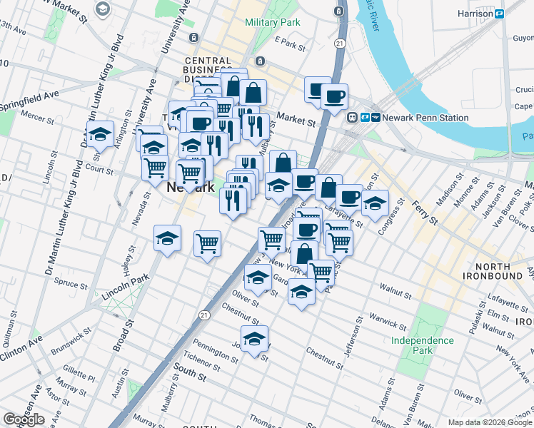 map of restaurants, bars, coffee shops, grocery stores, and more near 59 Columbia Street in Newark