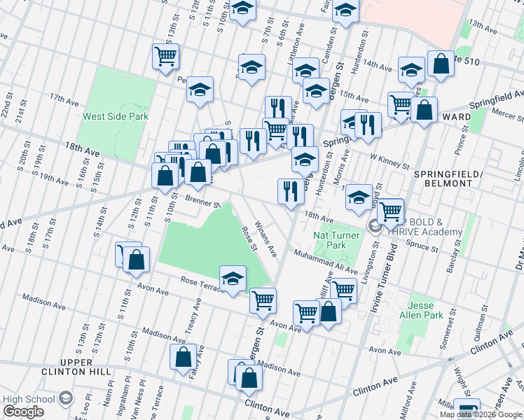 map of restaurants, bars, coffee shops, grocery stores, and more near in Newark