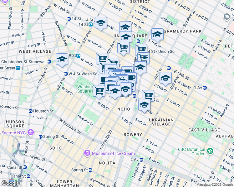 map of restaurants, bars, coffee shops, grocery stores, and more near 300 Mercer Street in New York