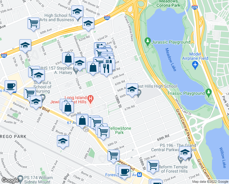 map of restaurants, bars, coffee shops, grocery stores, and more near 108th Street in Queens
