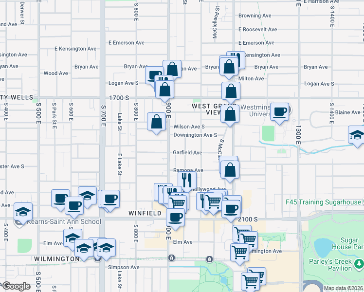 map of restaurants, bars, coffee shops, grocery stores, and more near 1836 Lincoln Street East in Salt Lake City