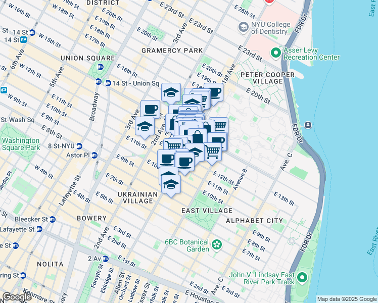map of restaurants, bars, coffee shops, grocery stores, and more near 347 East 14th Street in New York