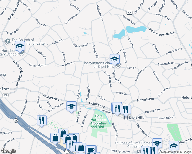 map of restaurants, bars, coffee shops, grocery stores, and more near 106 Knollwood Road in Essex County