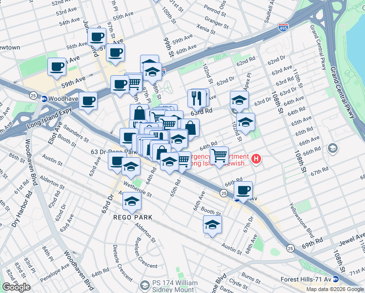 map of restaurants, bars, coffee shops, grocery stores, and more near 98-02 63rd Drive in Queens