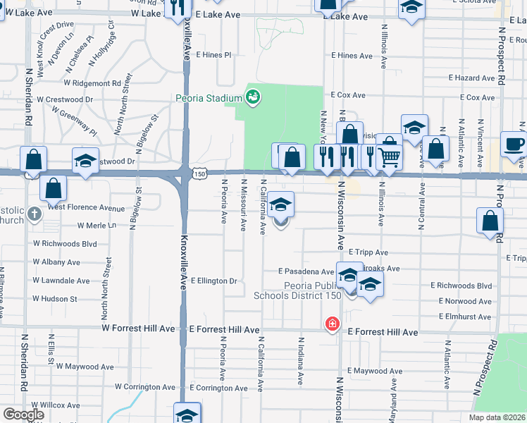 map of restaurants, bars, coffee shops, grocery stores, and more near 3519 North California Avenue in Peoria