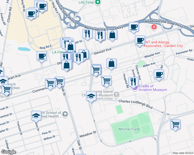 map of restaurants, bars, coffee shops, grocery stores, and more near 100 Quentin Roosevelt Boulevard in Garden City