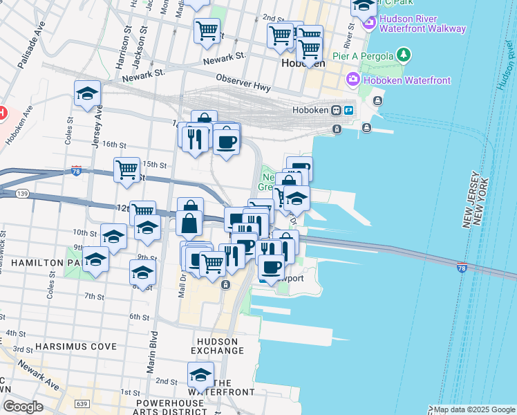 map of restaurants, bars, coffee shops, grocery stores, and more near 610 Washington Boulevard in Jersey City