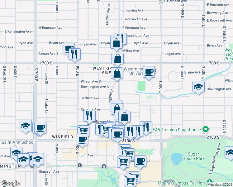 map of restaurants, bars, coffee shops, grocery stores, and more near 1811 1100 East in Salt Lake City