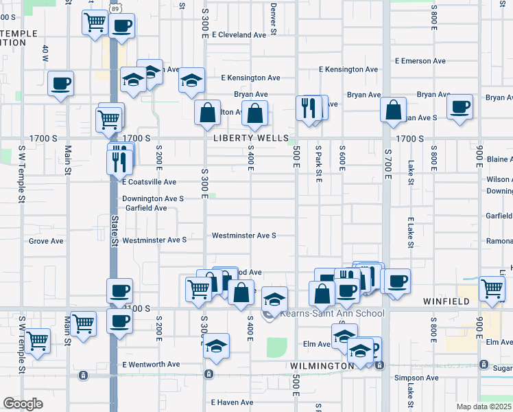 map of restaurants, bars, coffee shops, grocery stores, and more near 419 Downington Avenue South in Salt Lake City