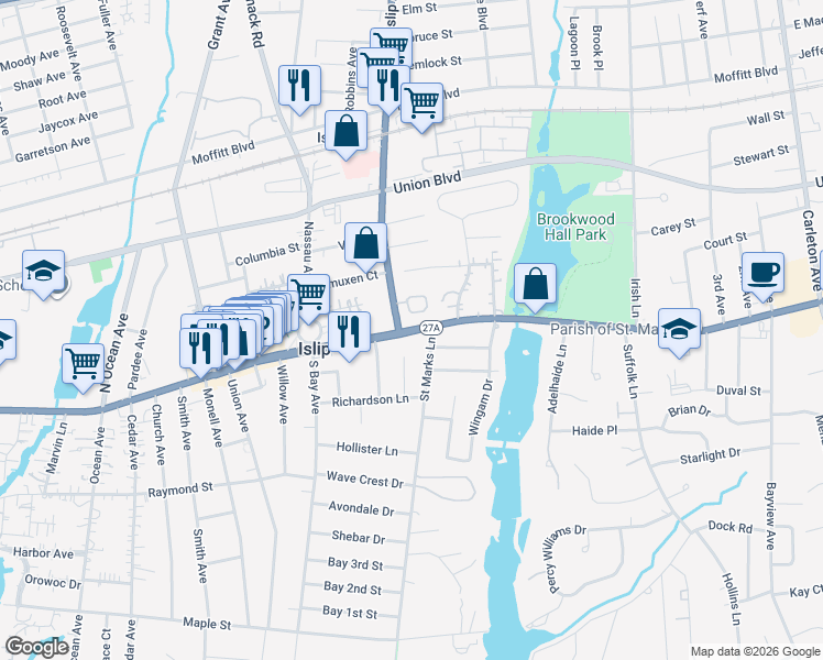 map of restaurants, bars, coffee shops, grocery stores, and more near 204 Islip Avenue in Islip