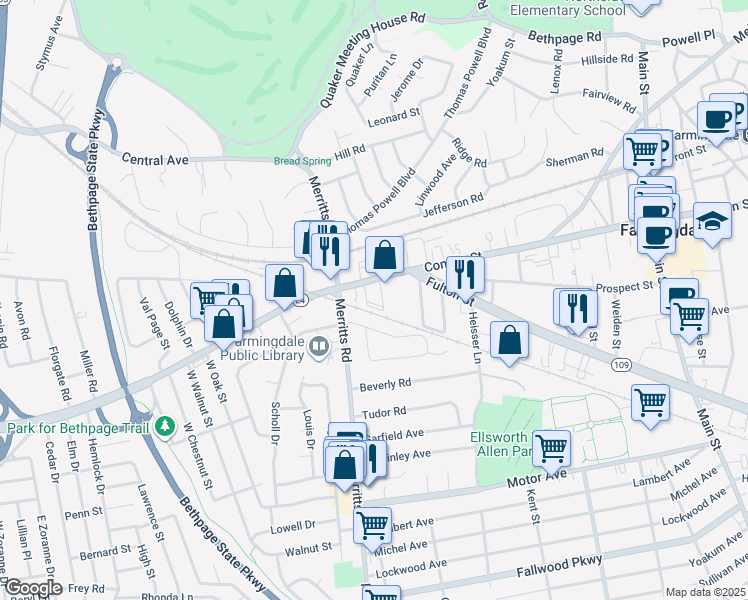 map of restaurants, bars, coffee shops, grocery stores, and more near 2 Stratford Green in Farmingdale