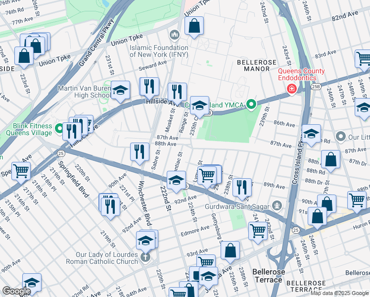 map of restaurants, bars, coffee shops, grocery stores, and more near 233-60 87th Avenue in Queens