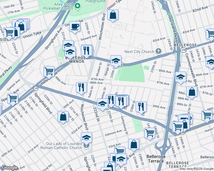 map of restaurants, bars, coffee shops, grocery stores, and more near 233-60 87th Avenue in Queens