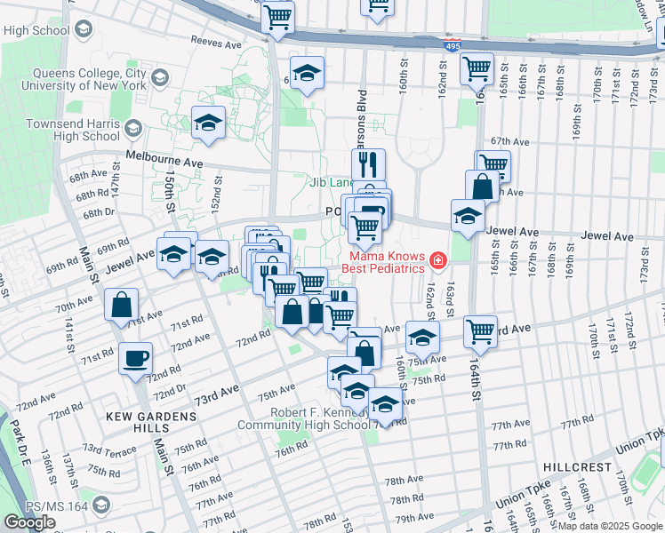 map of restaurants, bars, coffee shops, grocery stores, and more near 156-15 71st Avenue in Queens
