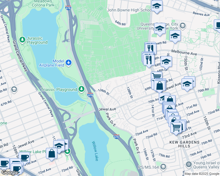 map of restaurants, bars, coffee shops, grocery stores, and more near 67-73 136th Street in Queens