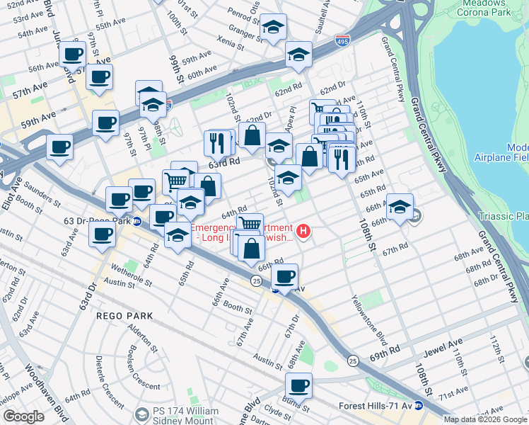 map of restaurants, bars, coffee shops, grocery stores, and more near 99-55 64th Road in Queens