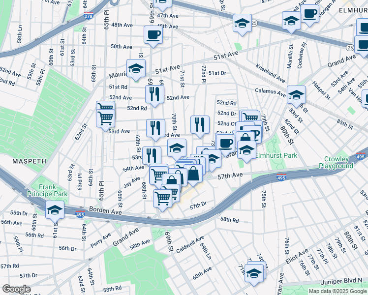 map of restaurants, bars, coffee shops, grocery stores, and more near 70-20 53rd Avenue in Queens