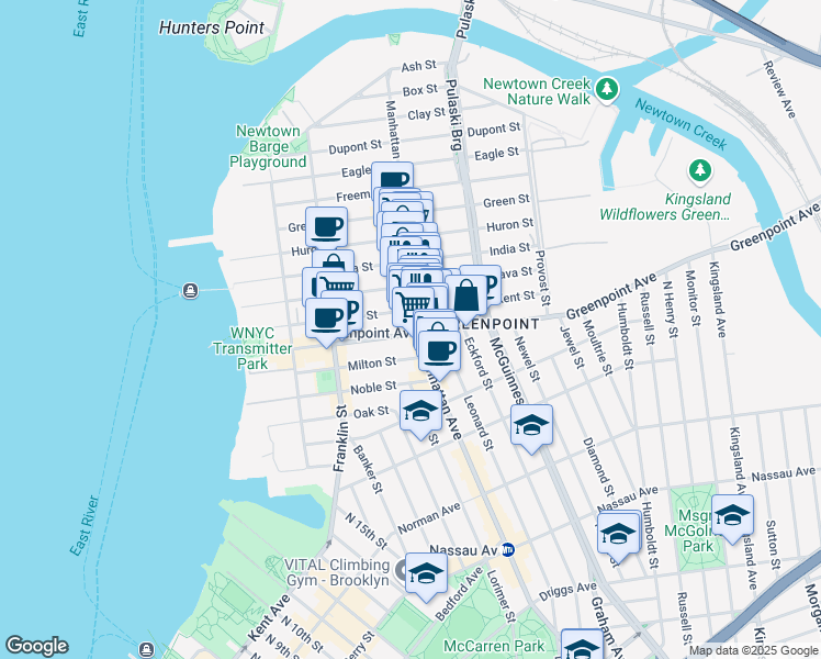 map of restaurants, bars, coffee shops, grocery stores, and more near 925 Manhattan Avenue in Brooklyn