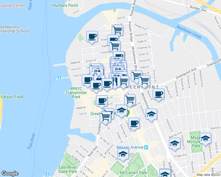 map of restaurants, bars, coffee shops, grocery stores, and more near 127 Kent Street in Brooklyn