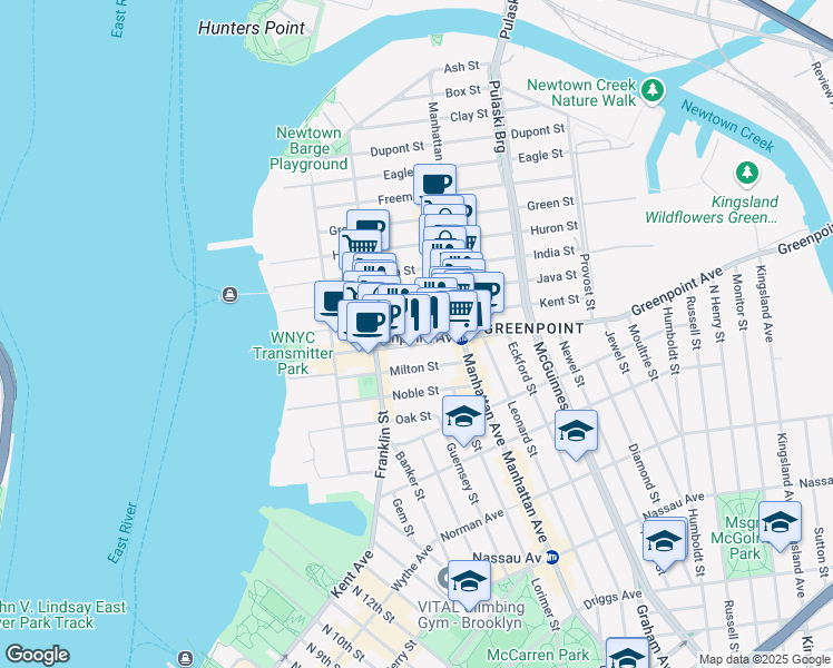 map of restaurants, bars, coffee shops, grocery stores, and more near 127 Kent Street in Brooklyn