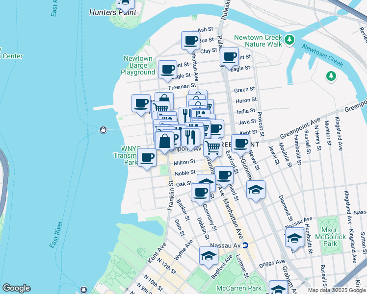 map of restaurants, bars, coffee shops, grocery stores, and more near 127 Kent Street in Brooklyn