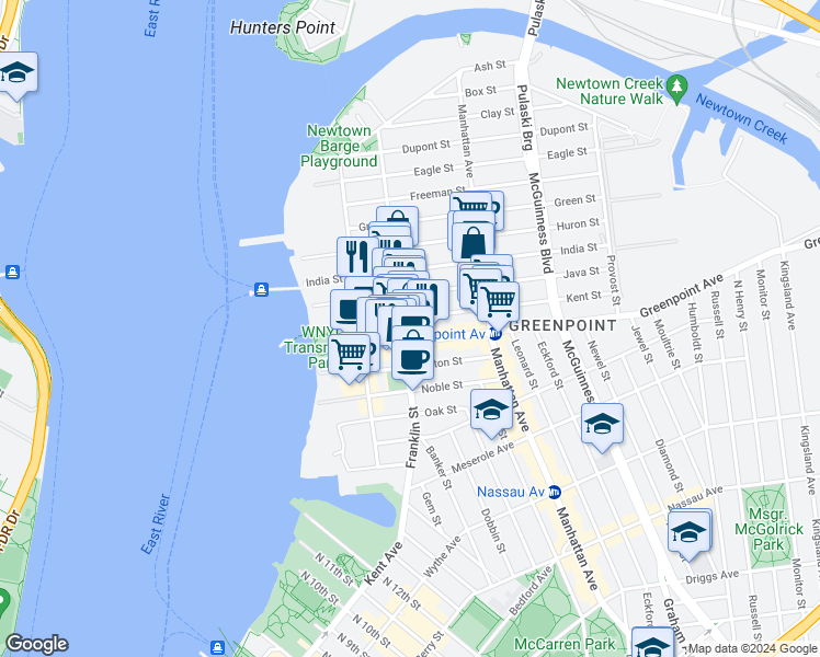 map of restaurants, bars, coffee shops, grocery stores, and more near 170 Franklin Street in Brooklyn