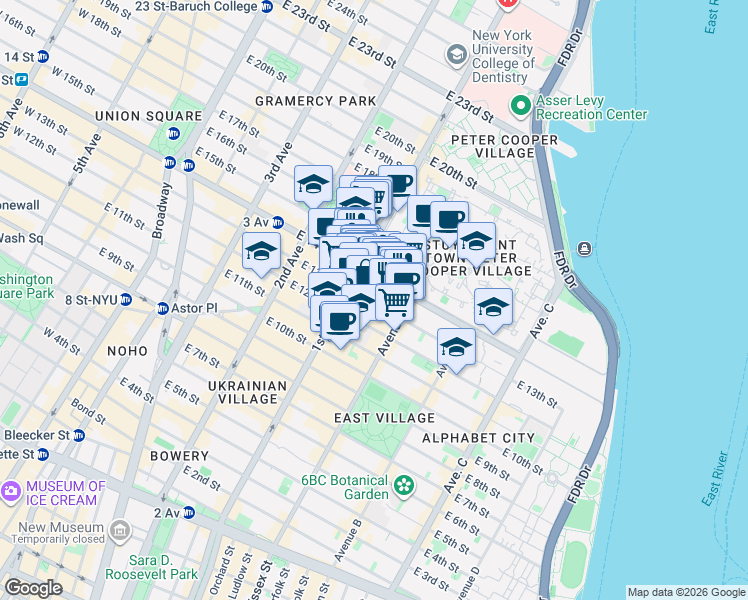 map of restaurants, bars, coffee shops, grocery stores, and more near Avenue A in New York