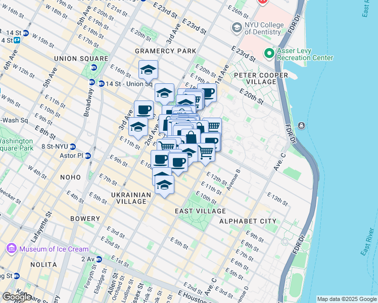 map of restaurants, bars, coffee shops, grocery stores, and more near 347 East 14th Street in New York