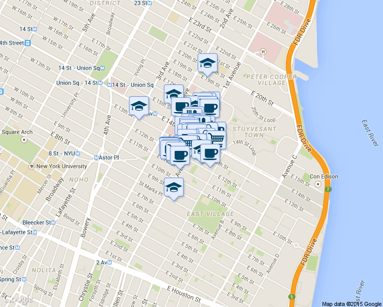 map of restaurants, bars, coffee shops, grocery stores, and more near 347 East 14th Street in New York