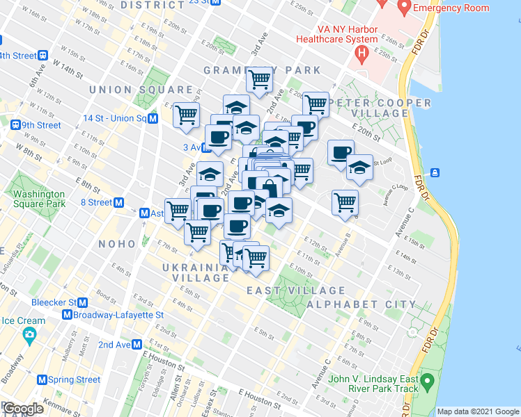 map of restaurants, bars, coffee shops, grocery stores, and more near 347 East 14th Street in New York