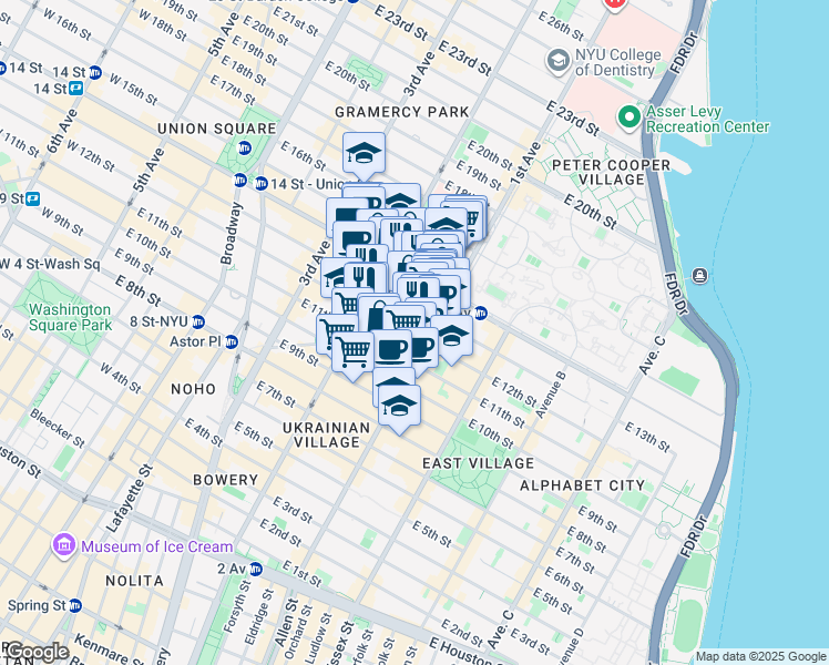 map of restaurants, bars, coffee shops, grocery stores, and more near 324 East 13th Street in New York